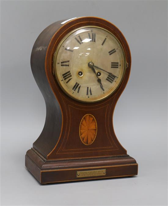 An Edwardian inlaid mahogany balloon case mantel clock height 33.5cm